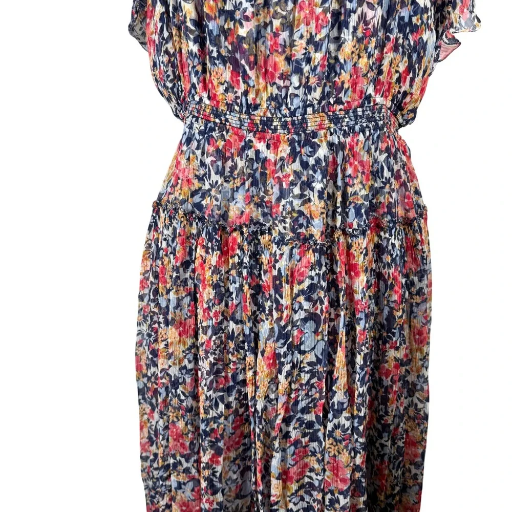 Sundance Floral Cupro Midi Dress Blue Red‎ Smocked Waist Short Sleeve Womens L